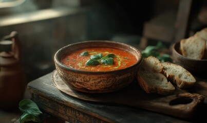 Vibrant tomato soup garnished with basil leaves, served in a rustic ceramic bowl with artisan bread for a cozy dining experience