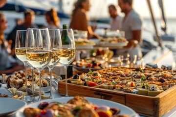 Naklejka premium Glasses of white wine and gourmet food catering on a yacht deck at sunset party