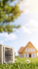 Energy-efficient air conditioning unit outside a suburban house on a sunny day