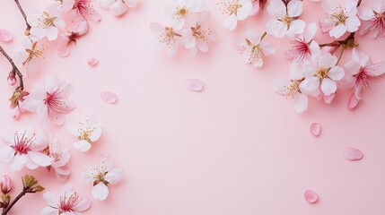 Obraz premium Cherry blossom petals scattered on soft pink background create a serene spring atmosphere