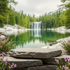 Papier peint photo Toilettes Stone table top podium in outdoor waterfall green tropical forest nature background. Organic natural water product or outdoor product present placement pedestal counter display  © organik