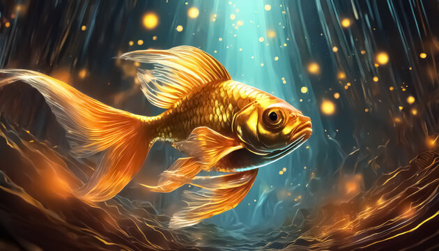 Stunning Golden Fish in Underwater Fantasy Scene with Glowing Effects.