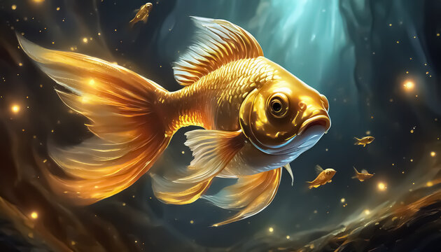 Stunning Golden Fish in Underwater Fantasy Scene with Glowing Effects.