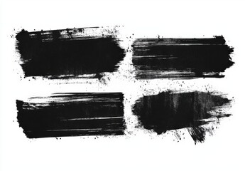 Black paint brush strokes, dirty inked grunge art brushes. Dirty ink texture splatters. Grunge rectangle text boxes