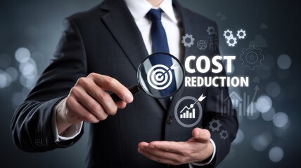 Businessman using magnifying glass to analyze cost reduction strategy