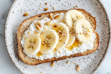 Top-down view of a wholesome breakfast toast featuring a thick slice of golden-brown whole grain bread, generously spread with creamy cottage cheese. Fresh banana slices are neatly arranged on top