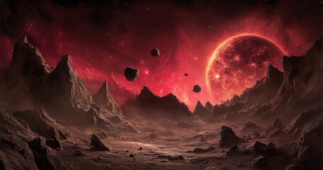 Obraz premium A creative 3D illustration of an asteroid and a meteorite swarm moving towards Earth