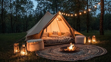 Illuminated bell tent campsite at night with fire pit.