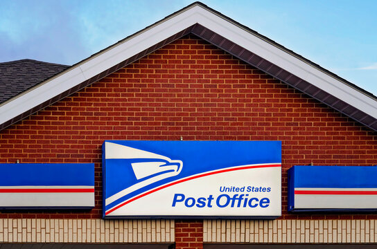 United States Post Office in Theodore Alabama, closeup of USPS sign and roof