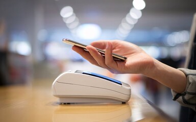 Close up shot of young woman paying contactless on a POS in a shop. She is using her phone.