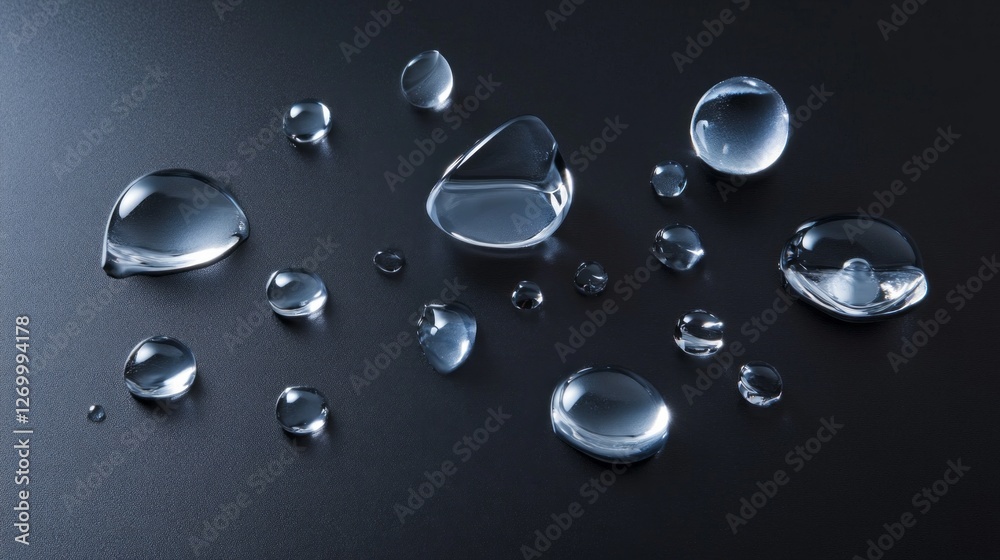 Fototapete delicate water droplets scatter across a sleek dark surface, reflecting light and creating stunning 
