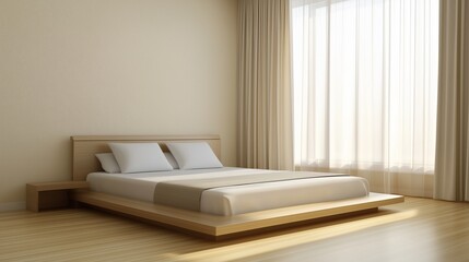 Minimalist bedroom platform bed natural light AI generated