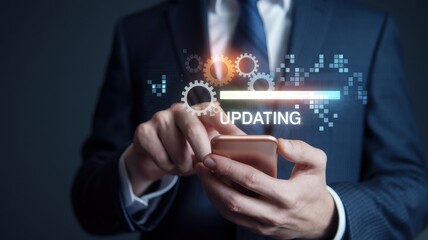 Man in suit updating his mobile device with gears