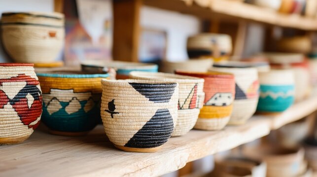 Hand-woven baskets, showcasing intricate patterns and natural tones.