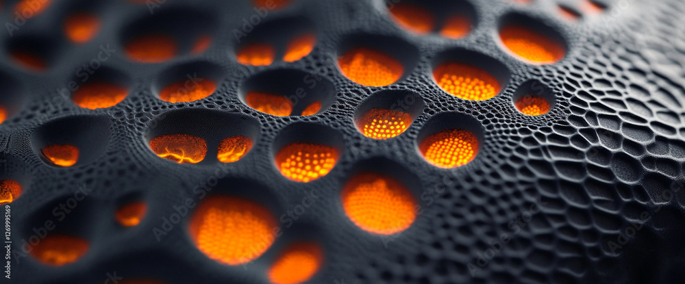Poster close-up of black textured surface with glowing orange circular patterns, creating a futuristic, abs