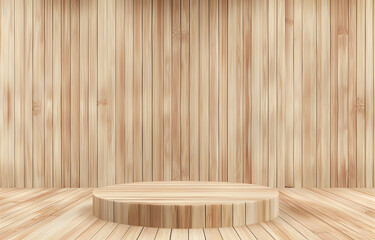 Elegant wooden stage setup studio interior design minimalist wide-angle view contemporary aesthetics
