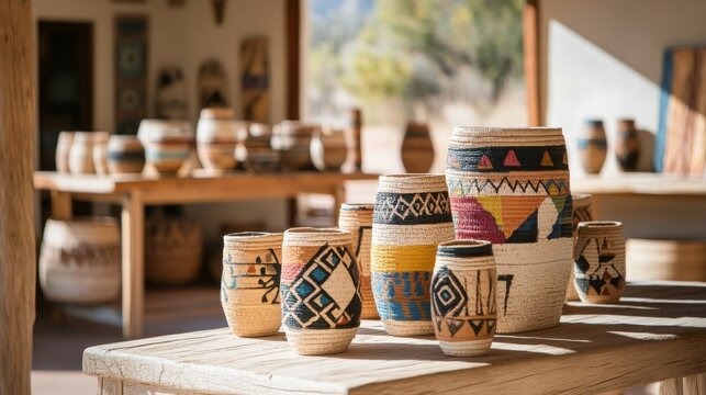 Hand-woven baskets, showcasing intricate patterns and natural tones.