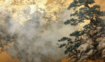 Set against a beautiful Japanese landscape, this stucco wall displays a textured effect complemented by gold highlights.
