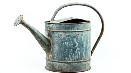 Weathered Gray Metal Watering Can on White