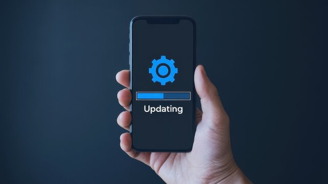 Hand holding smartphone displaying an ongoing software update process