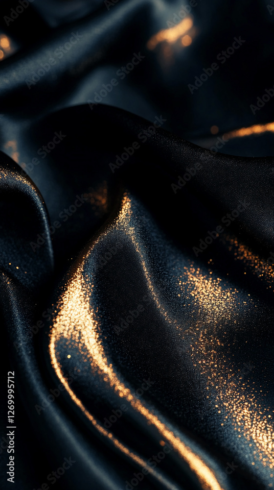 Poster Close-up of black satin fabric with shimmering golden particles scattered across, creating an elegant texture with smooth folds and luxurious feel.
