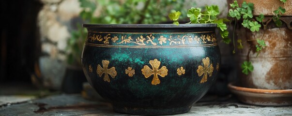 A decorative pot with gold motifs holds lush green plants.