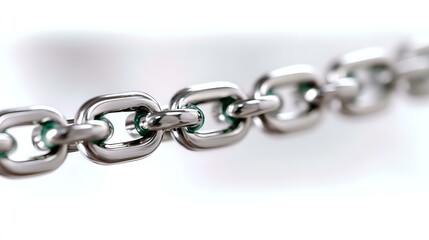 Fototapeta premium Macro shot of metal chain links with green connecting elements on white background, shallow depth of field creates artistic blur effect.