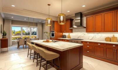 Bright modern kitchen with a marble countertop, wooden cabinets, and pendant lights adding warmth.