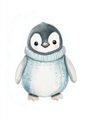 Cute penguin character wearing cozy knitted sweater, exuding cha