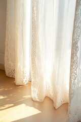Delicate lace curtains softly filter sunlight, creating warm, in