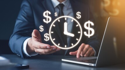 Businessman presents a clock surrounded by dollar symbols