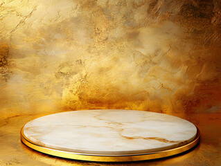 Obraz premium Elegant circular marble display against golden background product showcase studio setup luxurious environment close-up marketing concept