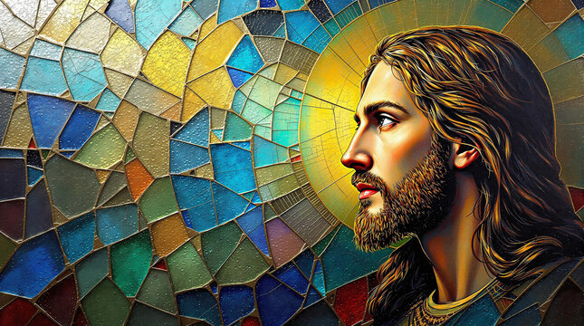 Ilustra&ccedil;&atilde;o art&iacute;stica de Jesus Cristo em perfil, com aur&eacute;ola dourada, sobre fundo de vitral colorido, transmitindo espiritualidade, f&eacute; e beleza sacra.