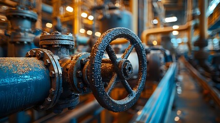 Industrial pipeline with vintage control valve wheel in blue tones, dramatic lighting creates moody atmosphere in manufacturing facility. Metal pipes in background.