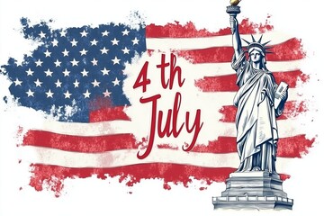 Naklejka premium A patriotic illustration featuring the Statue of Liberty alongside a stylized American flag with a watercolor effect.
