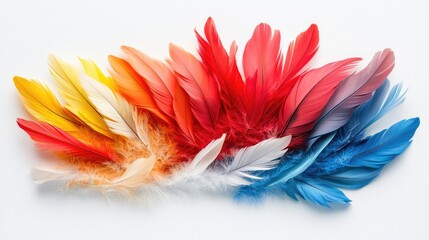 Colorful bird feathers arranged on white background