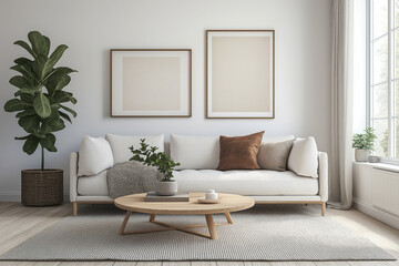 Minimalist Scandinavian living room. Light wooden floors and walls in soft white tones. Modern sofa with pillows, wooden coffee table.