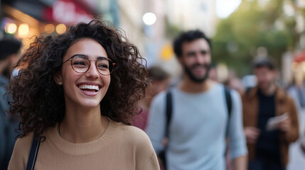 Fototapeta premium Cheerful young woman with friends in lively urban street
