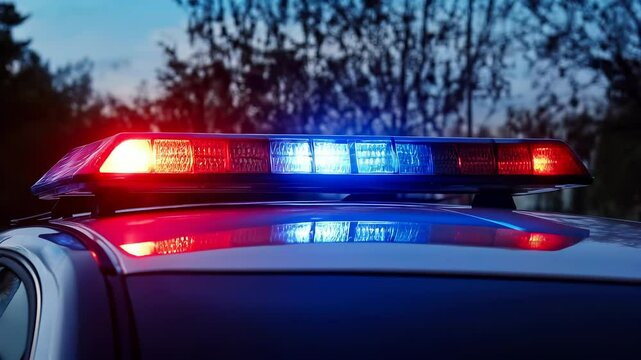Police car with flashing sirens at dusk. A patrol vehicle on duty with emergency lights on, ensuring law and order in a dark setting.