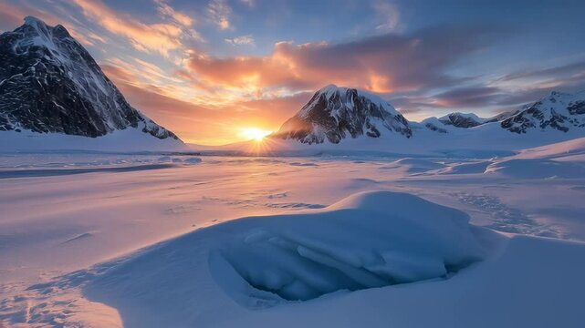 Snowy mountains at sunset in frozen wilderness. A breathtaking view of icy peaks illuminated by warm golden light in a winter landscape.