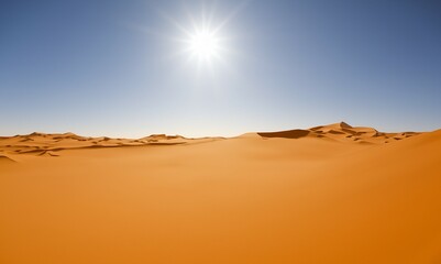 Fototapeta premium Sand dunes in the Sahara Desert Stunning view of golden sand dunes during a magnificent sun. Orange dunes. Amazing view of sand dunes in the Sahara Desert. Beautiful landscape view of dunes.