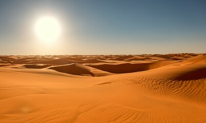 Sand dunes in the Sahara Desert Stunning view of golden sand dunes during a magnificent sun. Orange dunes. Amazing view of sand dunes in the Sahara Desert. Beautiful landscape view of dunes.