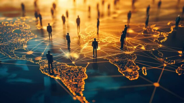 Silhouettes of people on a glowing digital world map. Representing global business, technology, and interconnected societies in a futuristic setting.