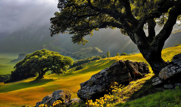 Majestic Oak Trees in a Sunlit Valley