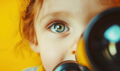 Curious child with big, expressive eyes peering through a telescope against a bright yellow background, capturing the wonder of exploration