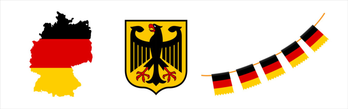 Germany national symbols includes map, coat of arms and decorative flags isolated on white bacckground.
