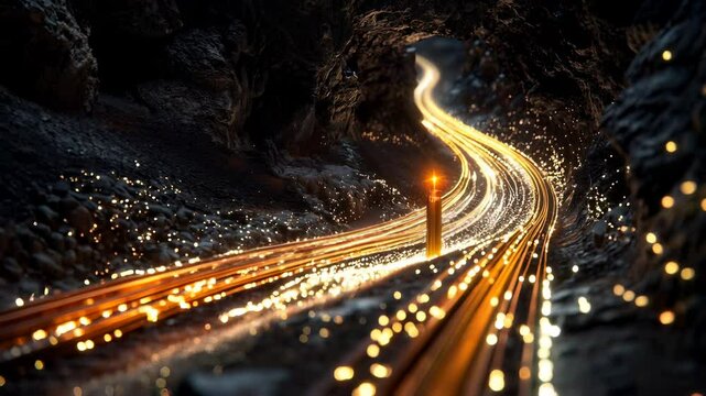 Glowing data streams flowing through a dark tunnel. Symbolizing fast digital communication, futuristic networks, and the power of connectivity.