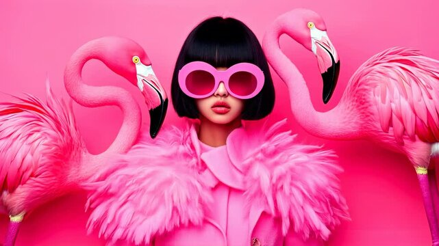 Stylish girl in pink with flamingos and bold fashion. Surreal portrait blending luxury, nature, and high fashion in a vibrant monochrome aesthetic.