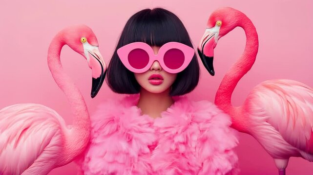 Stylish girl in pink with flamingos and bold fashion. Surreal portrait blending luxury, nature, and high fashion in a vibrant monochrome aesthetic.