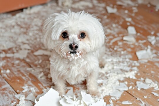 A rambunctious puppy is tearing up toilet paper all around the house